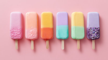 Summer dessert flat lay with rainbow popsicles on pastel pink, playful and fresh minimal composition for stock photosの素材