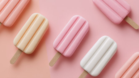 Minimal summer dessert concept featuring ice cream popsicles on pastel pink, top-down view, clean and modern aestheticの素材