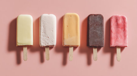 Flat lay of assorted ice cream popsicles on pastel pink backdrop, simple minimal aesthetic representing summer funの素材