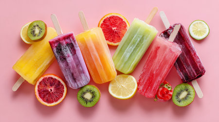 Fresh fruity popsicles in bold colors arranged creatively on pink pastel surface, top-down view for modern summer vibeの素材