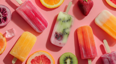 Vibrant fruit-flavored popsicles on soft pink surface, flat lay design highlighting refreshing summer treats in modern minimal styleの素材