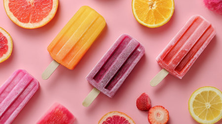Vibrant fruit-flavored popsicles on soft pink surface, flat lay design highlighting refreshing summer treats in modern minimal styleの素材