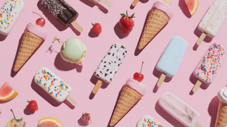 Variety of ice cream popsicles scattered over pastel pink surface, flat lay concept, playful and trendy summer vibeの素材