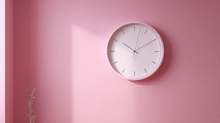 Clean minimal design with pastel pink clock, soft pink painted wall, perfect for New Year countdown conceptsの素材