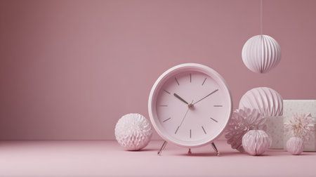 Christmas Eve concept with pastel pink clock against monochromatic pink background, minimal holiday design aestheticの素材