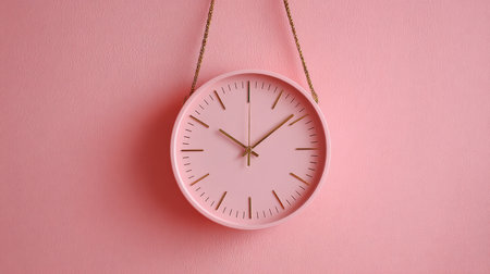 Pastel pink clock hanging on soft pink painted wall, minimal holiday time concept, modern aesthetic for Christmas Eve countdownの素材