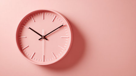 Aesthetic pastel pink wall clock, monochrome backdrop, modern minimal vibe symbolizing holiday time passingの素材