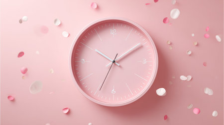Elegant pastel pink wall clock centered on pink background, minimal design symbolizing New Year countdown and festive seasonの素材