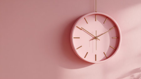 Pastel pink clock hanging on soft pink painted wall, minimal holiday time concept, modern aesthetic for Christmas Eve countdownの素材