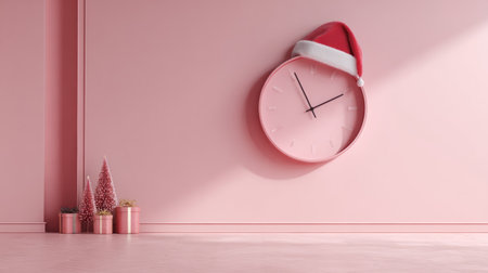 Minimalist time concept with pastel pink clock on smooth pink wall, Christmas Eve celebration idea with clean modern styleの素材