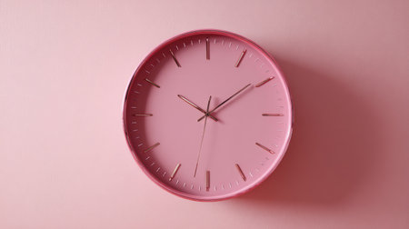 Pink clock on soft pink painted wall, symbolizing passing time, perfect for seasonal holiday campaignsの素材