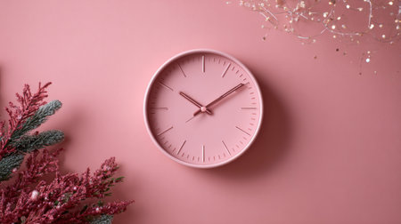 Subtle festive theme with pink clock on pink wall, Christmas Eve midnight countdown minimalistic stock imageの素材