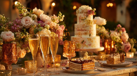 A celebration table filled with decadent desserts, bubbly champagne, and a stunning floral cake centerpiece, warm golden evening lightの素材