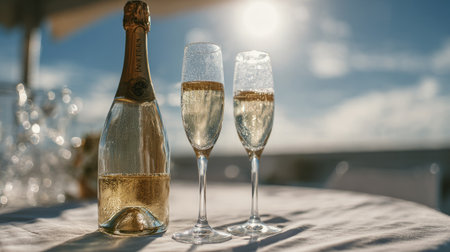 A luxurious champagne bottle and flutes on a white tablecloth, sunlight illuminating golden bubbles, clear sky view, elegant outdoor celebration settingの素材