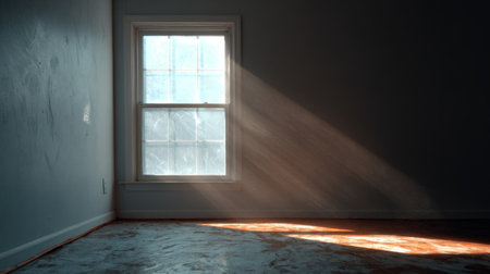 A clean empty room with a single window, sunlight illuminating dust particles in the air, quiet and serene minimalist beautyの素材