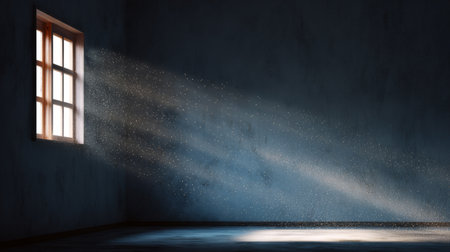 A clean empty room with a single window, sunlight illuminating dust particles in the air, quiet and serene minimalist beautyの素材