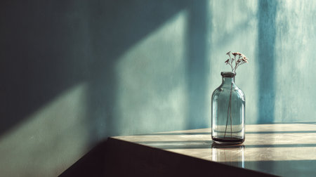 A single glass vase on a smooth table, soft natural light casting delicate shadows, modern minimalist art sceneの素材