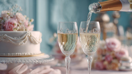 Champagne pouring into elegant crystal glasses beside a perfectly decorated cake, soft pastel decor, graceful and stylish celebration moodの素材