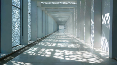 Architectural corridor with repetitive patterns, strong light and shadow rhythm, modern minimalism with artistic appealの素材