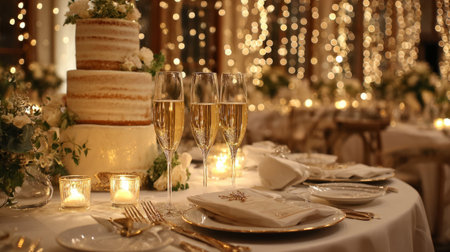 Celebration table with golden champagne flutes, a three-tier cake, white linens, and subtle fairy lights, refined and luxurious atmosphereの素材