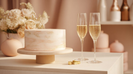 Chic celebration setting with a minimalist cake, champagne flutes, and subtle decor elements, modern and stylish atmosphereの素材