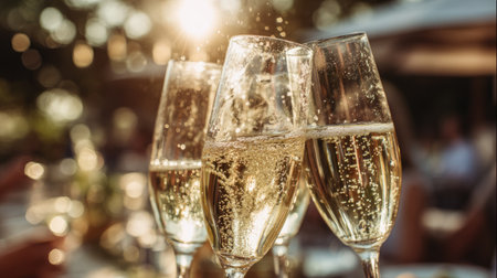 Elegant champagne glasses clinking mid-toast, droplets of bubbly liquid sparkling in sunlight, perfect outdoor celebration mood, warm and lively atmosphereの素材