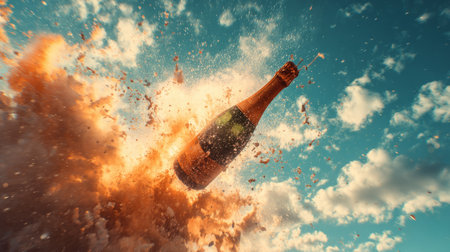 Dramatic champagne explosion mid-air with vivid spray and motion blur, celebration energy radiating under a bright, vibrant sky, cinematic styleの素材