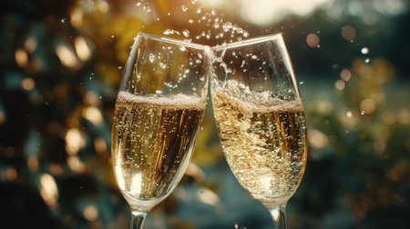 Elegant champagne glasses clinking mid-toast, droplets of bubbly liquid sparkling in sunlight, perfect outdoor celebration mood, warm and lively atmosphereの素材