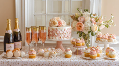 Beautifully styled dessert table with champagne, cupcakes, and a stunning cake centerpiece, soft pastel tones, elegant party moodの素材
