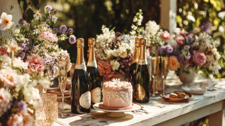 Beautifully arranged outdoor celebration table with champagne bottles, fresh flowers, and a delicate cake centerpiece under natural sunlightの素材