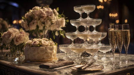 Celebration setup featuring a champagne tower, gourmet cake, and elegant silverware, luxurious and glamorous evening vibeの素材
