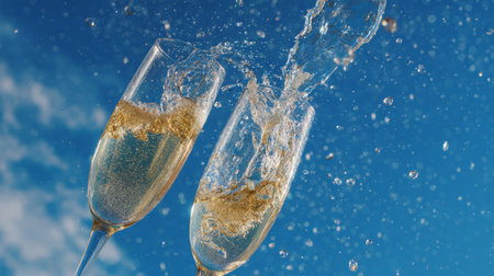 Dynamic capture of champagne pouring into flutes, energetic motion with droplets suspended mid-air, backdrop of clear blue sky and celebration vibesの素材