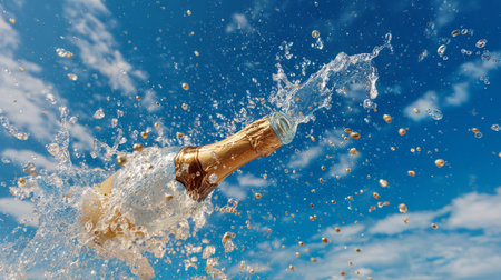 Champagne splashing mid-air as a bottle pops open, golden bubbles sparkling under a bright blue sky, joyful celebration, summer vibes, high-energy moment captured perfectlyの素材