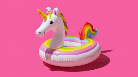 Bright unicorn float isolated in negative pink space, bold minimalist style conveying fun summer holiday energy, trendy and modernの素材