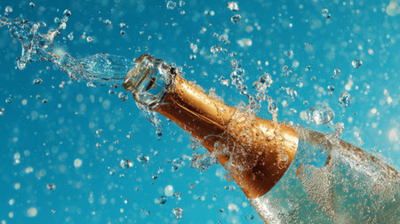 Champagne splash frozen in mid-motion, droplets sparkling like diamonds, outdoor party vibe, joyous and luxurious atmosphere against a pure blue backdropの素材