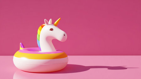 Elegant minimalist composition with unicorn float, bright colors popping against pink background, modern summer visual conceptの素材