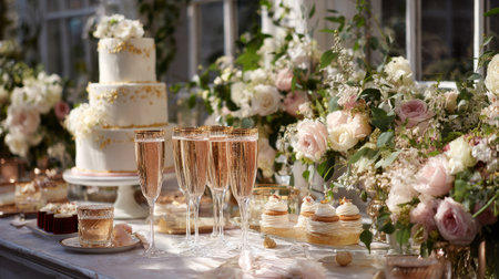 Gorgeous party spread with champagne glasses, a luxurious tiered cake, and lush floral arrangements, captured in natural daylightの素材