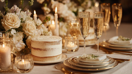 Exquisite table layout with a white frosted cake, gold-rimmed champagne glasses, and romantic candlelight creating a refined party sceneの素材