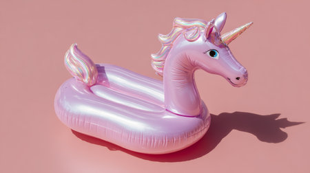Flat-lay image of unicorn pool float on a solid pink surface, perfect modern summer visual for marketing and lifestyle conceptsの素材