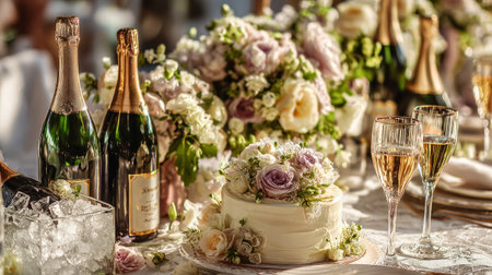 Elegant table setting with champagne bottles on ice, a beautifully decorated cake centerpiece, and delicate floral arrangements, romantic celebration vibeの素材