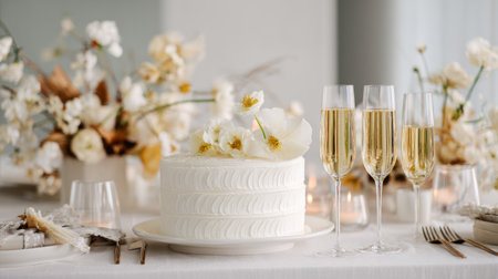 Minimalist elegant table with modern cake design, sleek champagne glasses, and chic neutral decor, contemporary celebration styleの素材