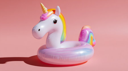 Fun summer vibe captured through a single unicorn float against a pastel pink background, clean design and trendy visual appealの素材