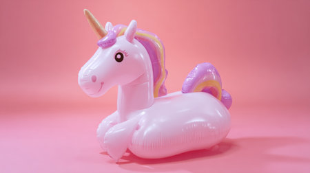 Inflatable unicorn in center of frame, soft pastel pink background, minimalist summer aesthetic ideal for modern lifestyle stock imageryの素材