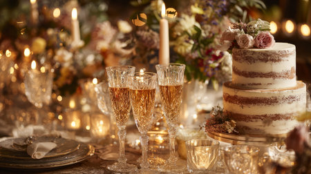 Luxurious celebration table with a tiered cake, crystal champagne flutes, and glowing candles, soft golden light, sophisticated and festive atmosphereの素材