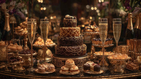 Luxurious golden-themed party table with champagne towers, rich desserts, and an opulent cake centerpiece, sophisticated upscale vibeの素材