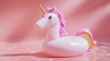 Floating unicorn toy positioned artistically against pastel pink, minimalist summer vacation mood with high-end product photography lookの素材