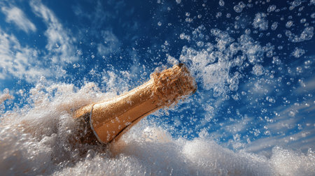 Golden champagne foam overflowing from an uncorked bottle, dynamic and lively scene with blue sky background, festive celebration moodの素材