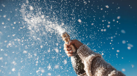 Hand popping a champagne bottle dramatically, golden spray bursting outward, joyous outdoor vibe, radiant blue sky creating an uplifting sceneの素材