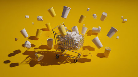 Minimalist visual of cart surrounded by scattered fast food wrappers and empty cups, bold negative space creating dramatic effectの素材