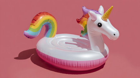 Minimalist product shot of colorful inflatable unicorn float, pink background providing contrast for trendy summer lifestyle imageryの素材